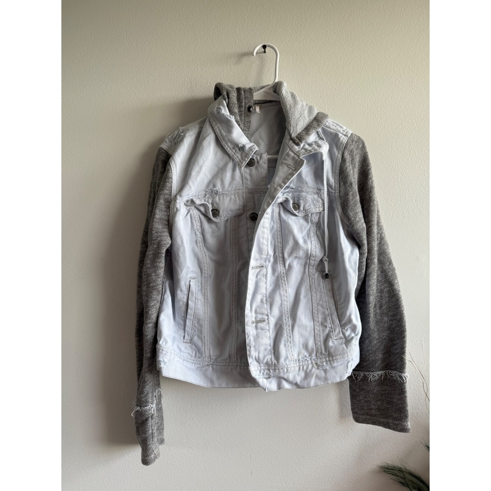 Free People Mixed Media Denim Jacket Light Wash Distressed Knit Hooded Grey M